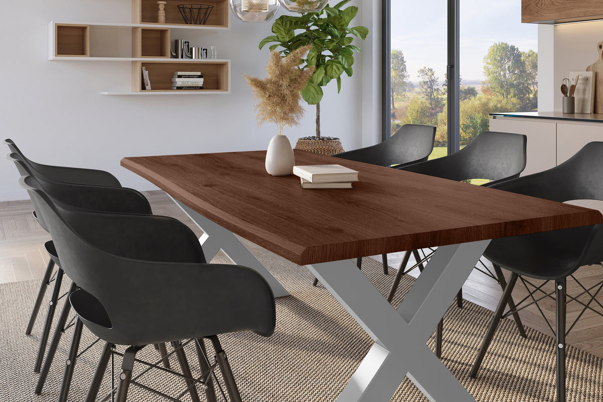 #220x100 #holznussbaum-optik #x-gestellsilber