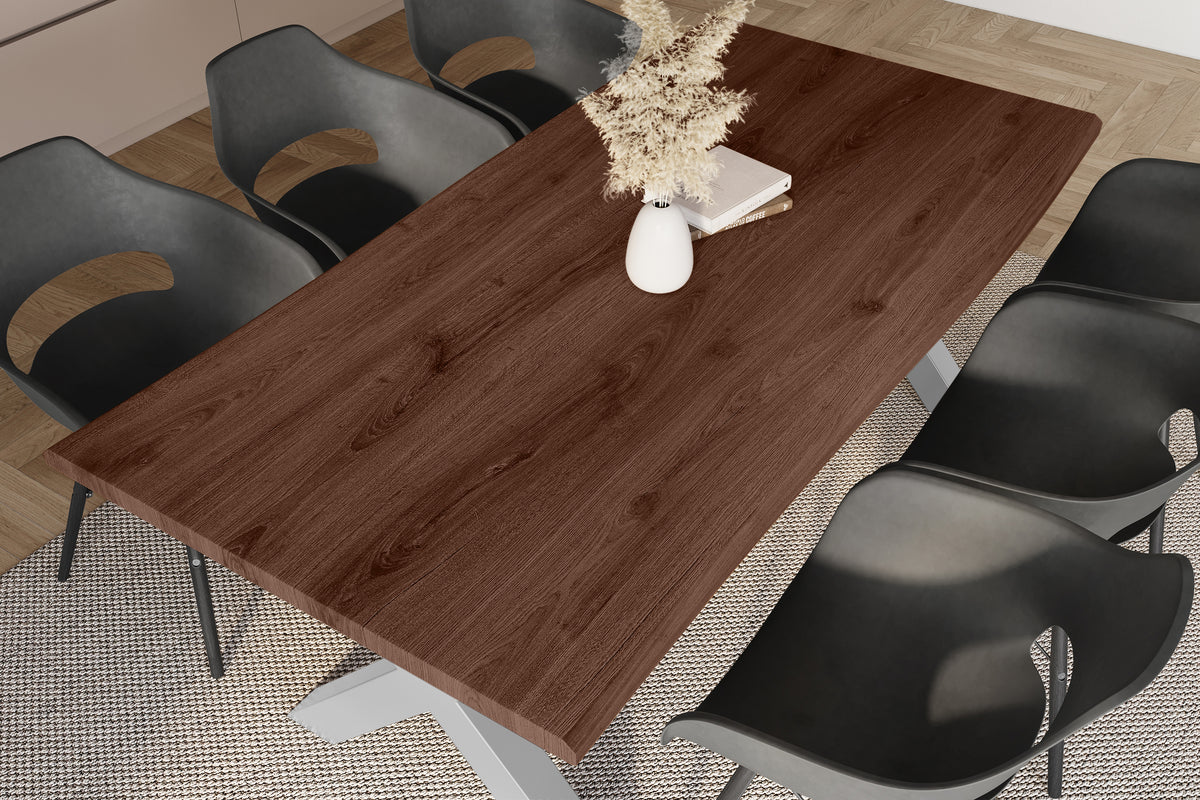 #220x100 #holznussbaum-optik #x-gestellsilber