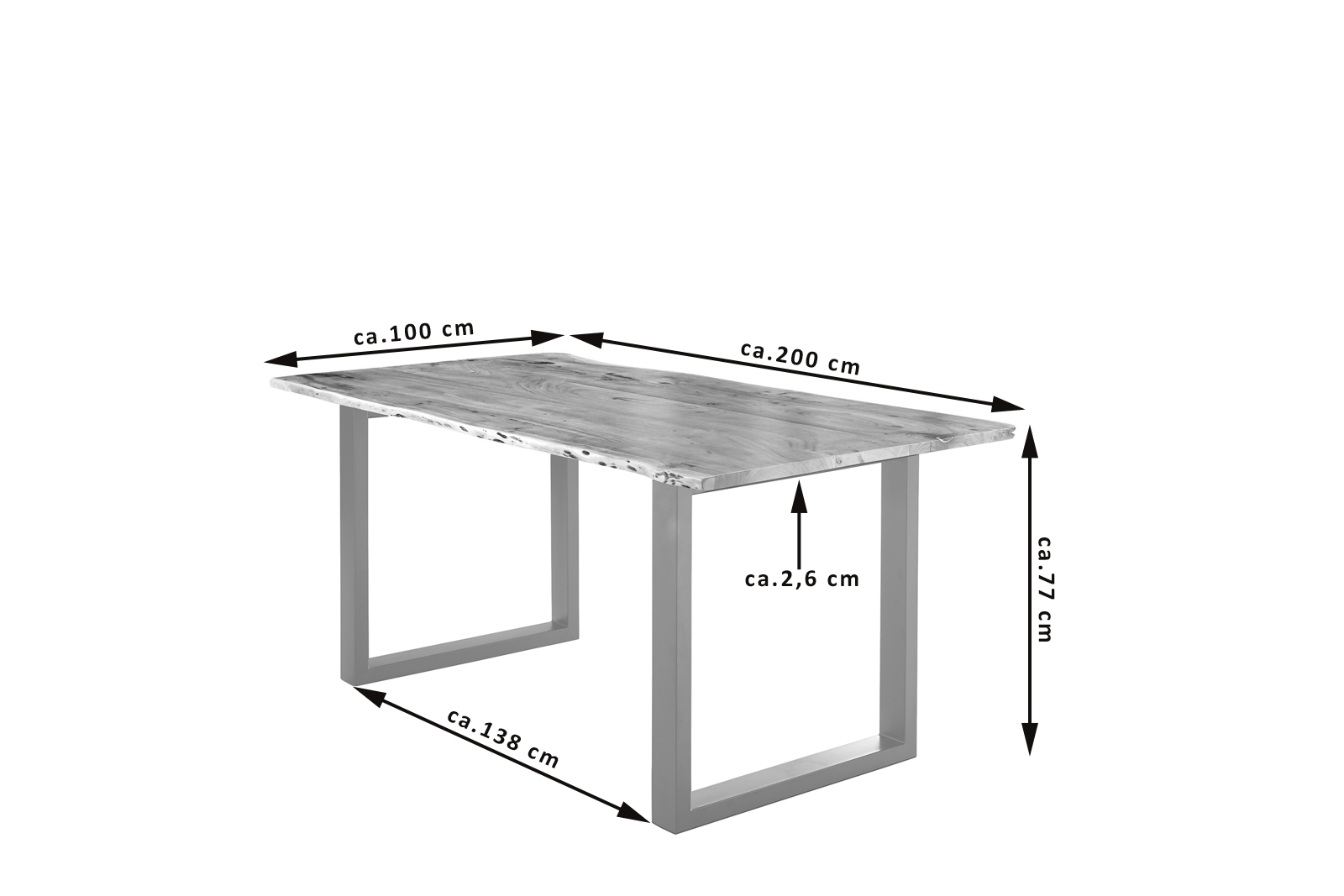 Esstisch Baumkante massiv Akazie natur 200 x 100 silber U-Gestell LUBIN