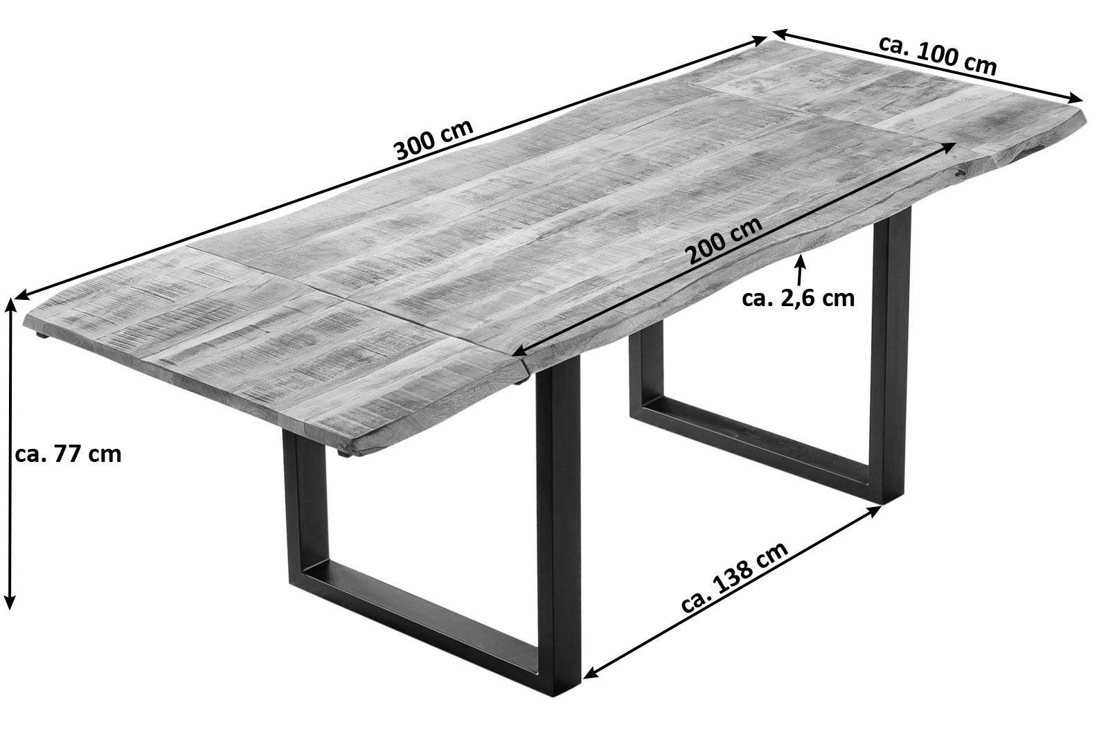 Esstisch Baumkante Mango natur 200 (300) x 100 cm Ansteckplatten schwarz NOAR