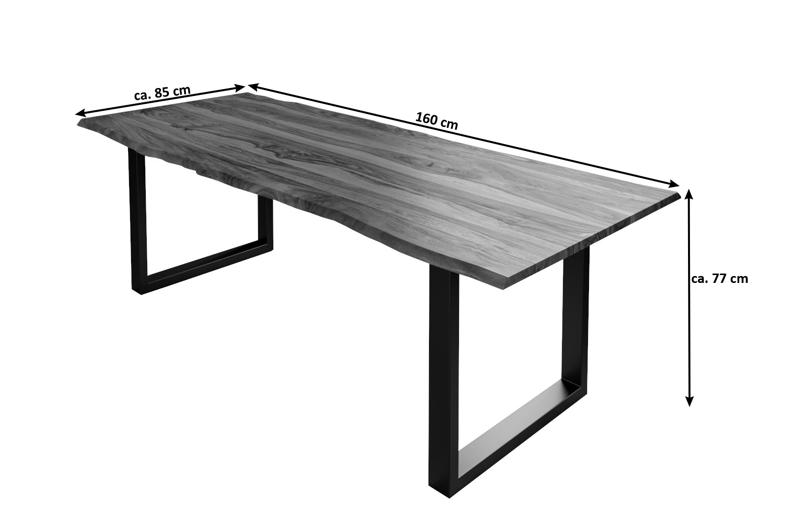 Esstisch Baumkante Massiv Sheesham-Holz naturfarben 160 x 85 U-Gestell silber Hero