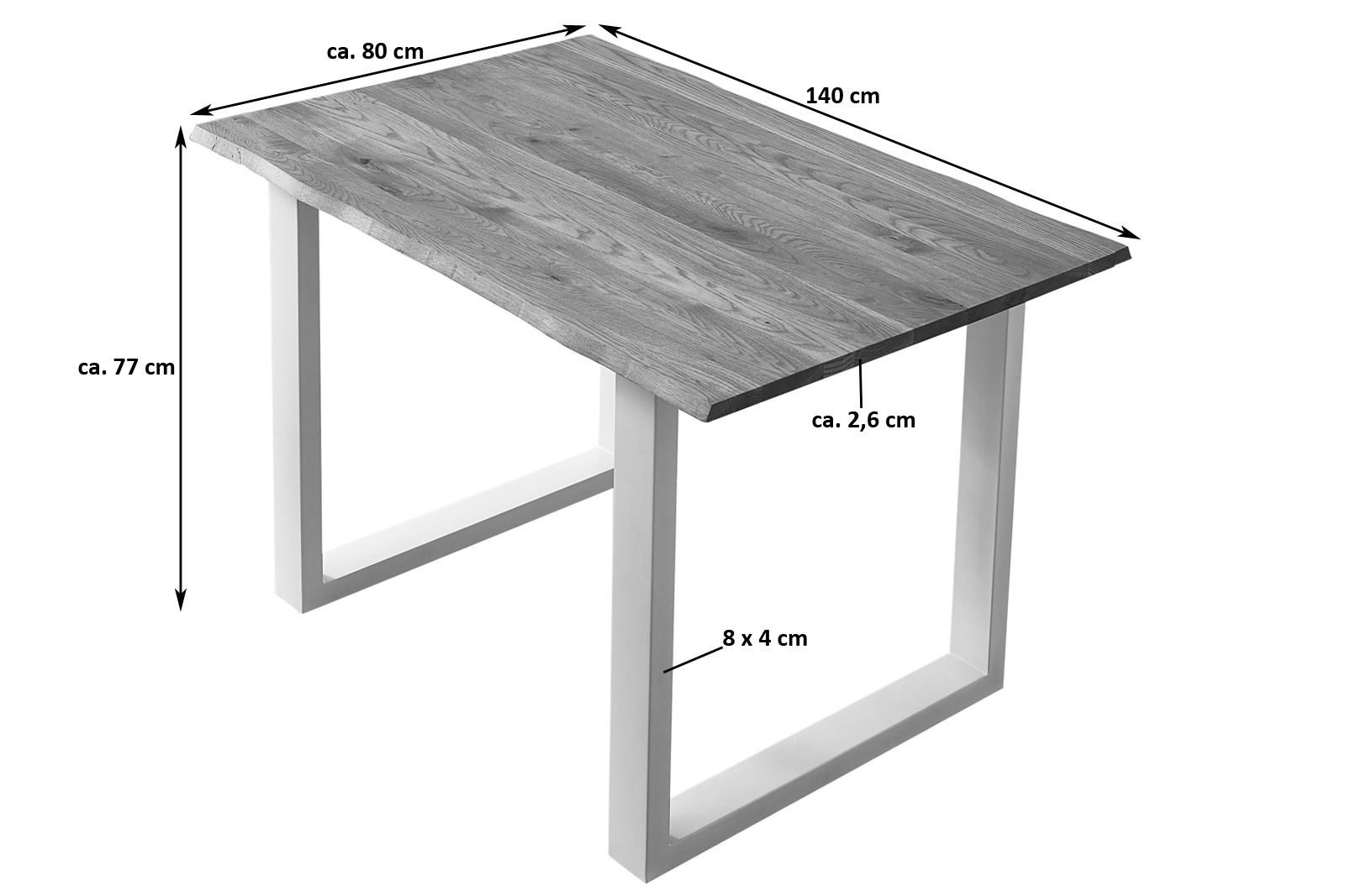  Esstisch Baumkante Massiv Wildeiche 140 x 80 weiß SESSA