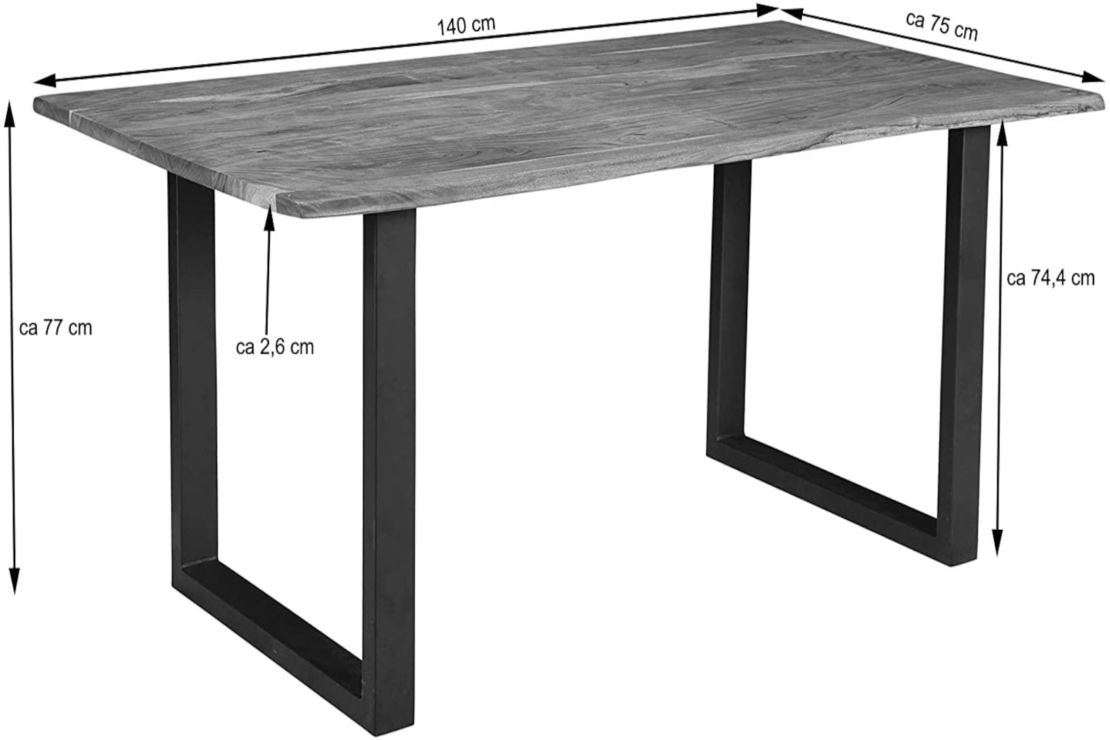  Esstisch Baumkante massiv Akazie natur 140 x 75 cm U-Gestell schwarz INSA