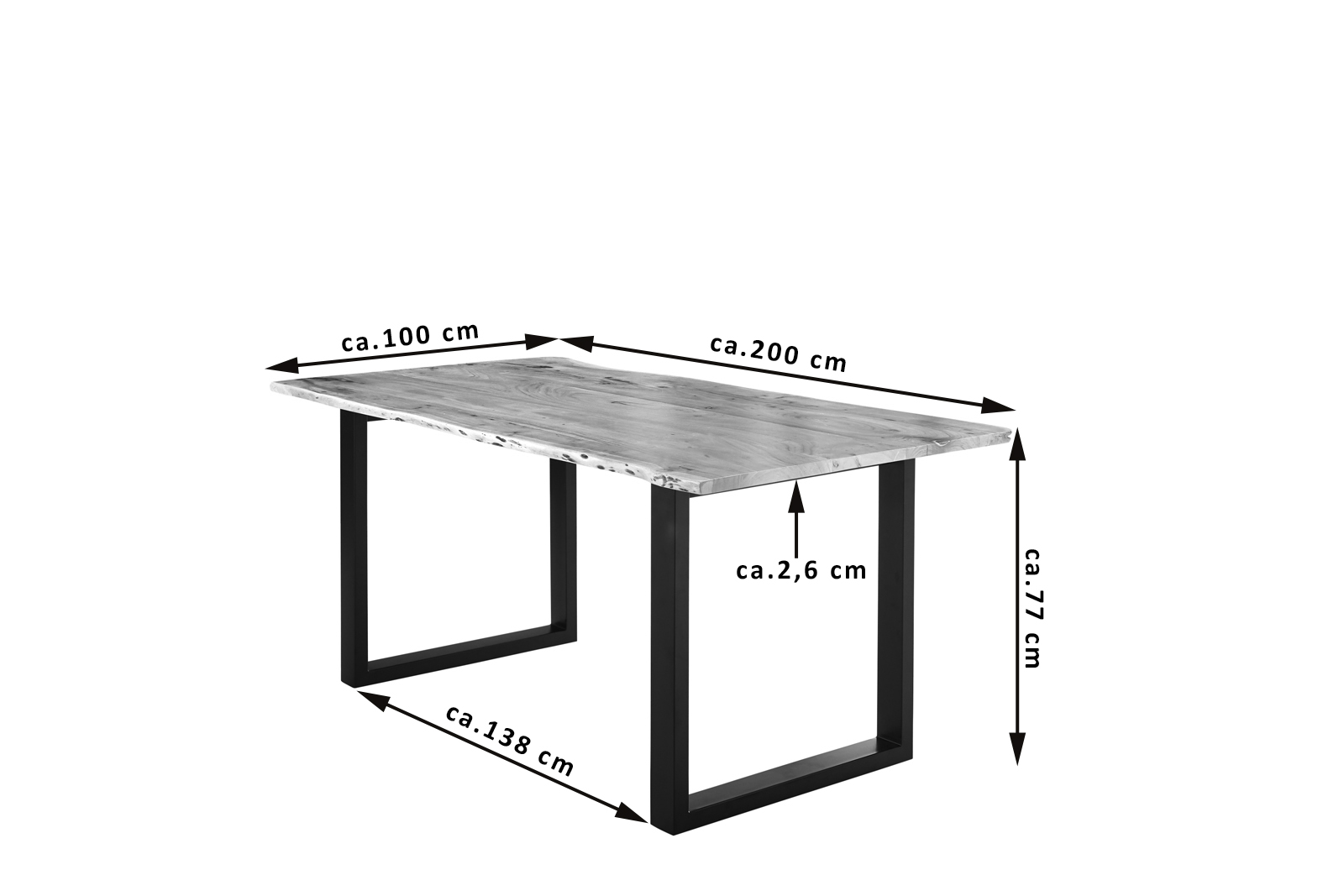 Esstisch Baumkante massiv Akazie natur 200 x 100 schwarz U-Gestell LUBIN