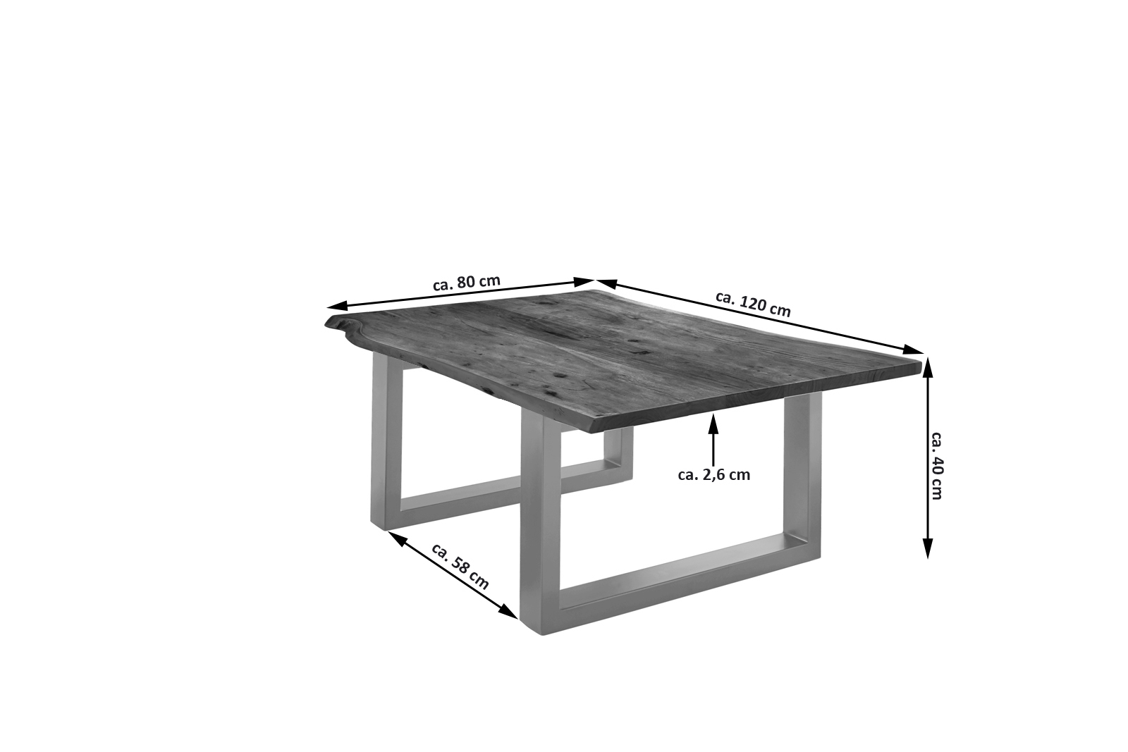 Couchtisch Baumkante 120 x 80 cm Akazie massiv + nussbaumfarben silber LUBIN