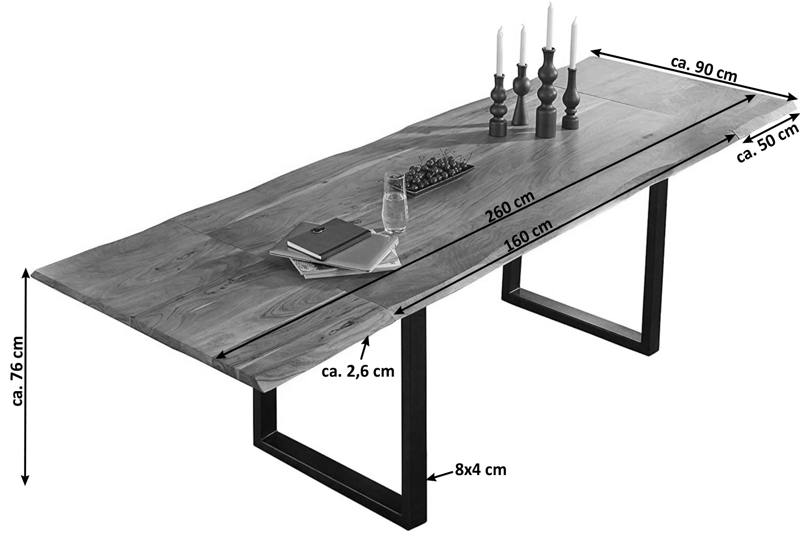 Esstisch Baumkante Akazie natur 160(260)x90 Ansteckplatten schwarz ADINA