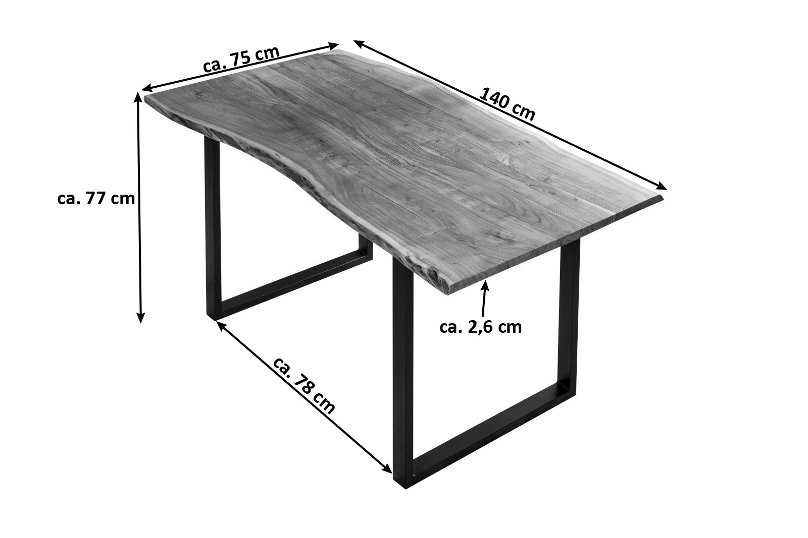 Esstisch Baumkante massiv Akazie naturfarben 140 x 75 cm schwarz U-Gestell BILLY