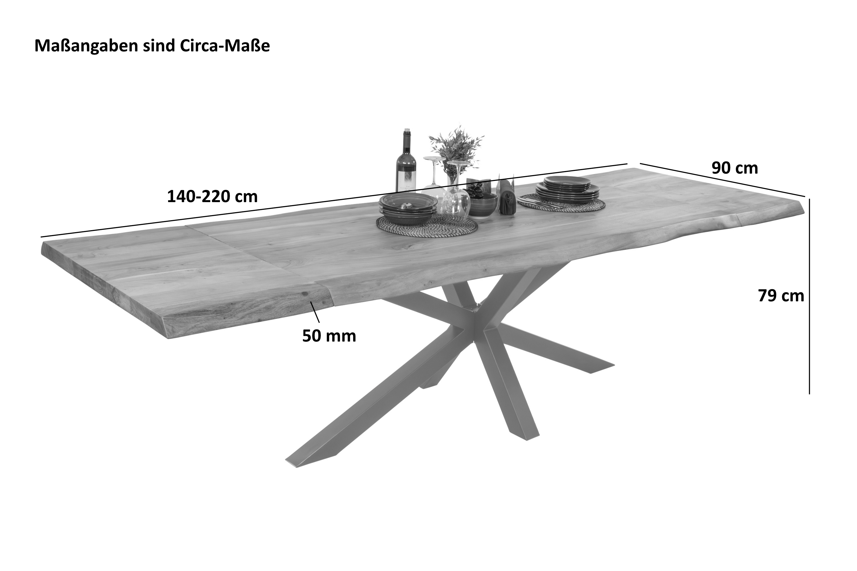 Esstisch Baumkante Akazie natur 140 (220) x 90 cm Spider-Gestell schwarz mit Ansteckplatten CALI