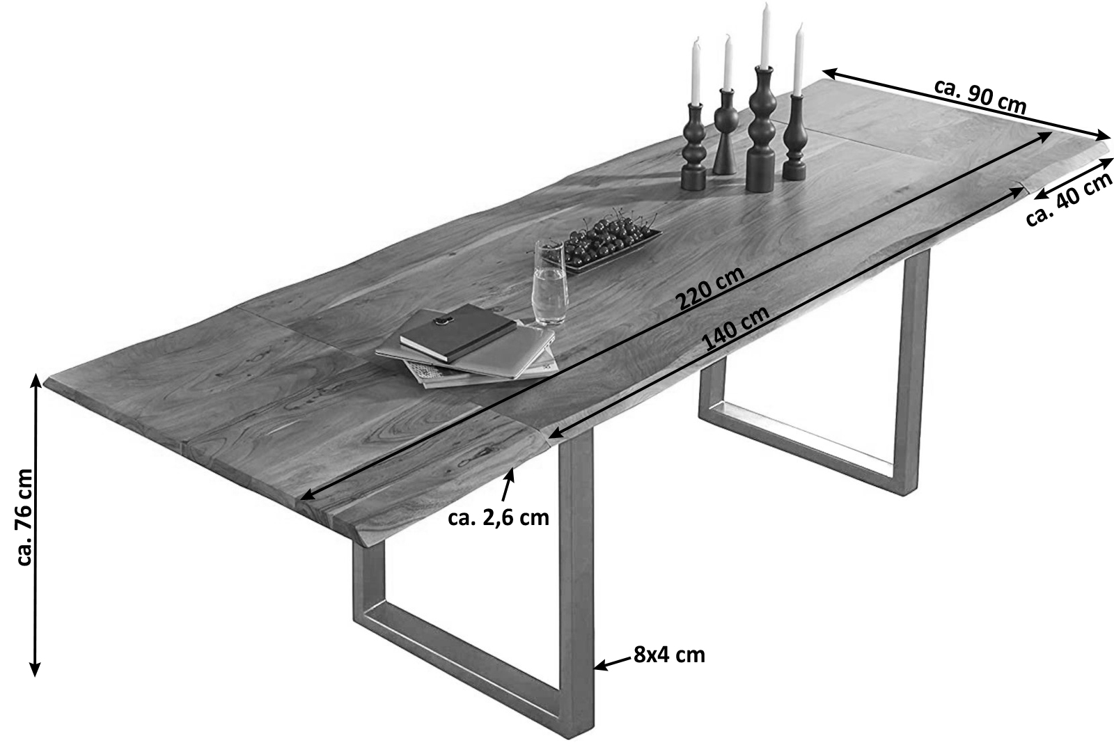 Esstisch Baumkante Akazie natur 140(220)x90 Ansteckplatten silber ADINA