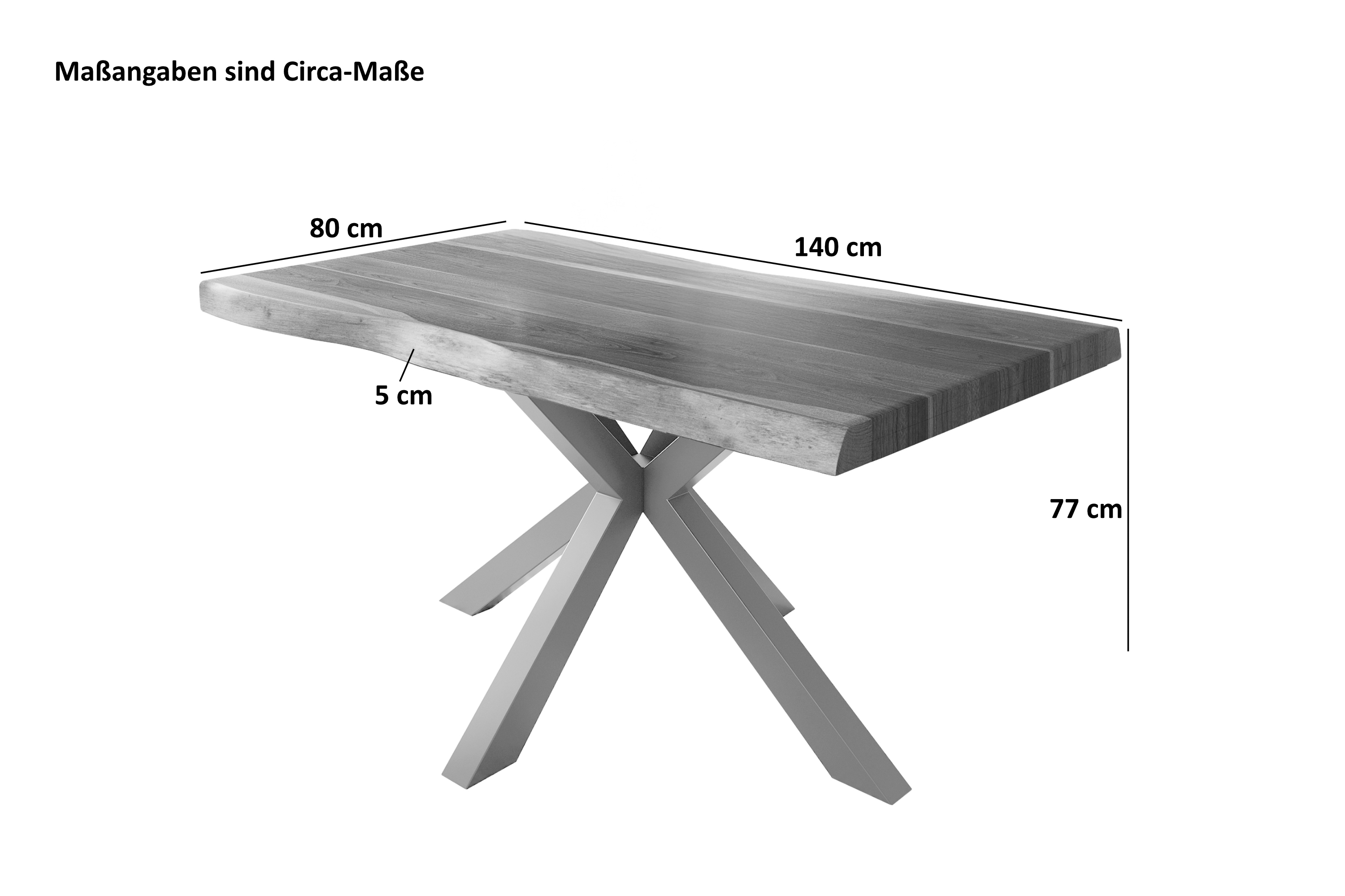 Esstisch Baumkante massiv Akazie natur 140 x 80 Spider-Gestell silber ATLAS