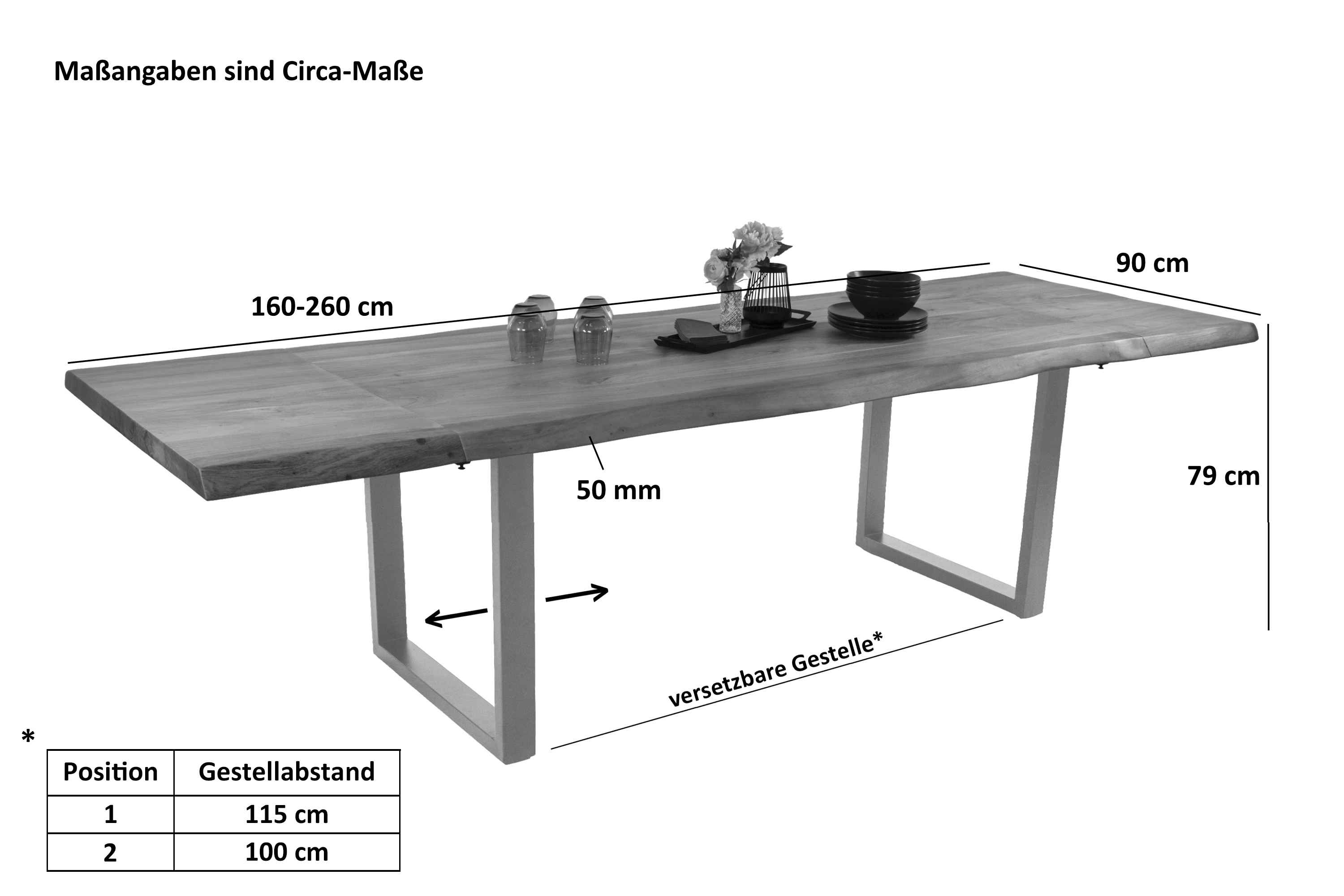 Esstisch Baumkante Akazie nuss 160 (260) x 90 cm U-Gestell schwarz mit Ansteckplatten CALI